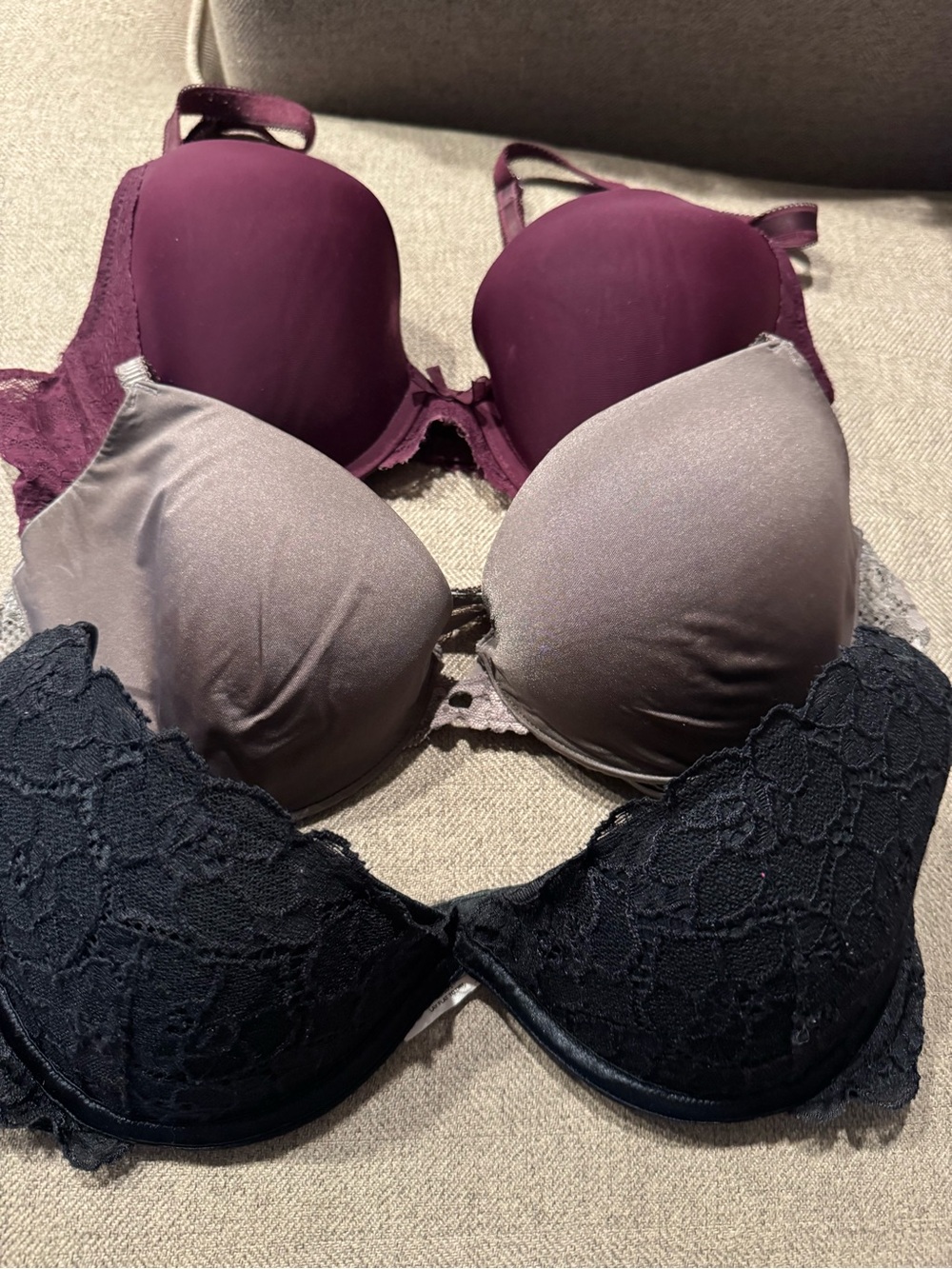 Women's Padded Lace & Satin Bra Trio - Black, Plum, Taupe